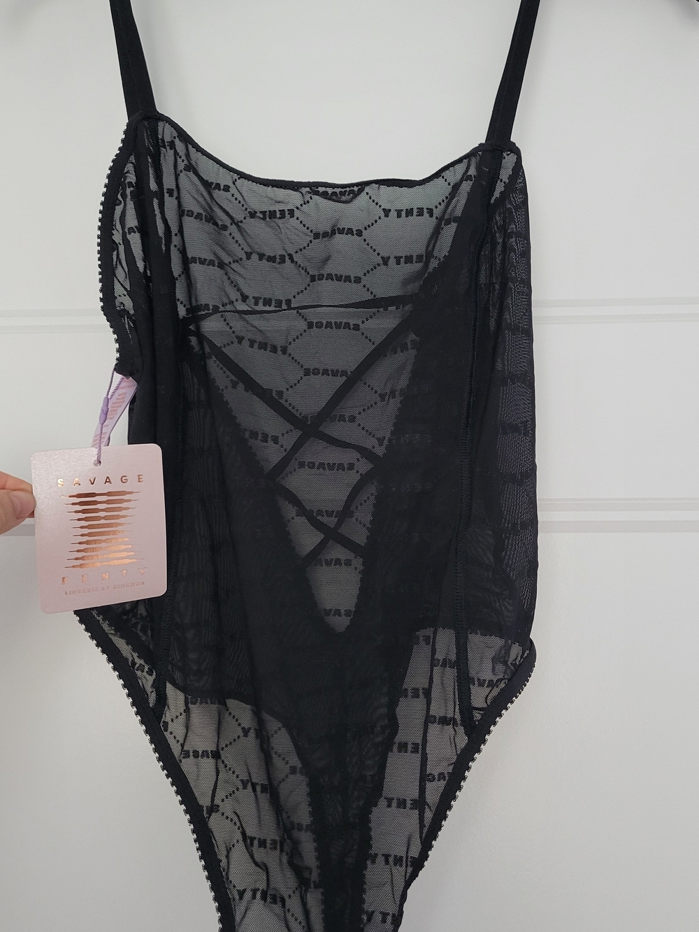 Savage X Fenty Black Sheer Lace Strappy Bodysuit